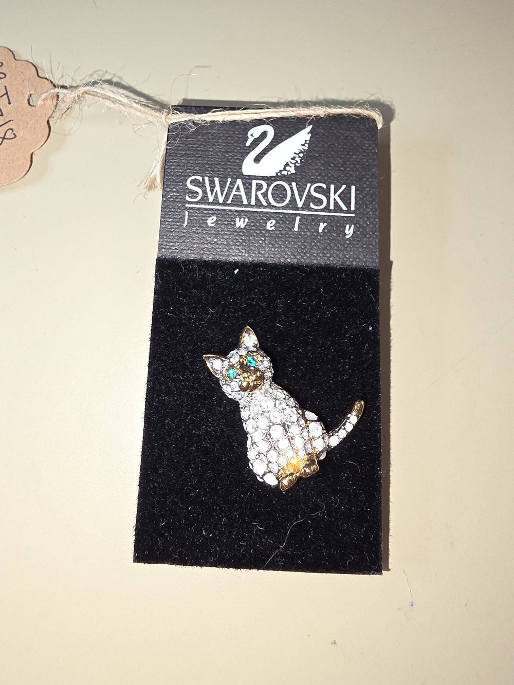 Swarovski Crystal Cat Brooch - Clear & Gold with Green Eyes